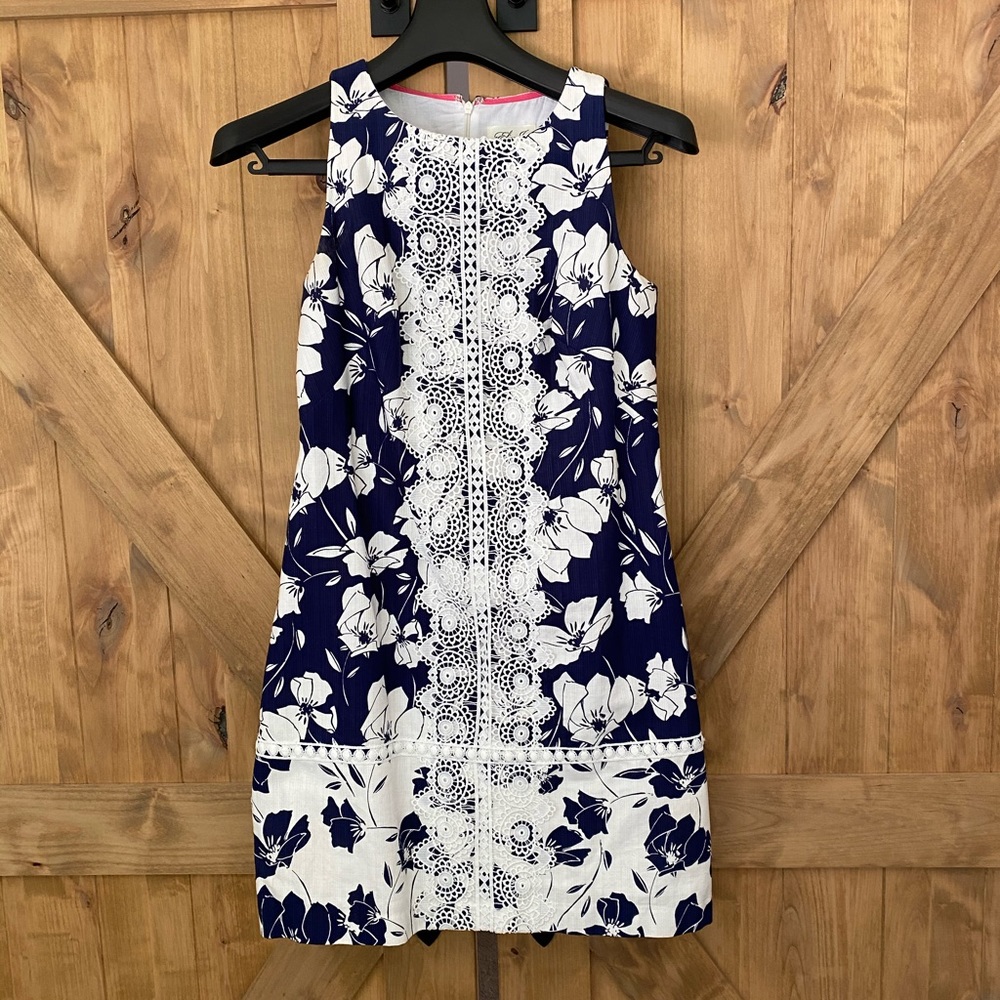 Eliza J navy floral crochet detail shift dress